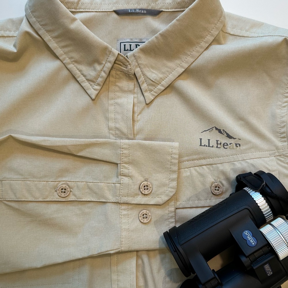 LL Bean women's No Fly Zone shirt, long-sleeve (M, tan)